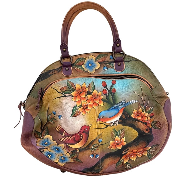 Anuschuka Hand Painted Large Dome Satchel Handbag Love Birds & Florals - Picture 1 of 15